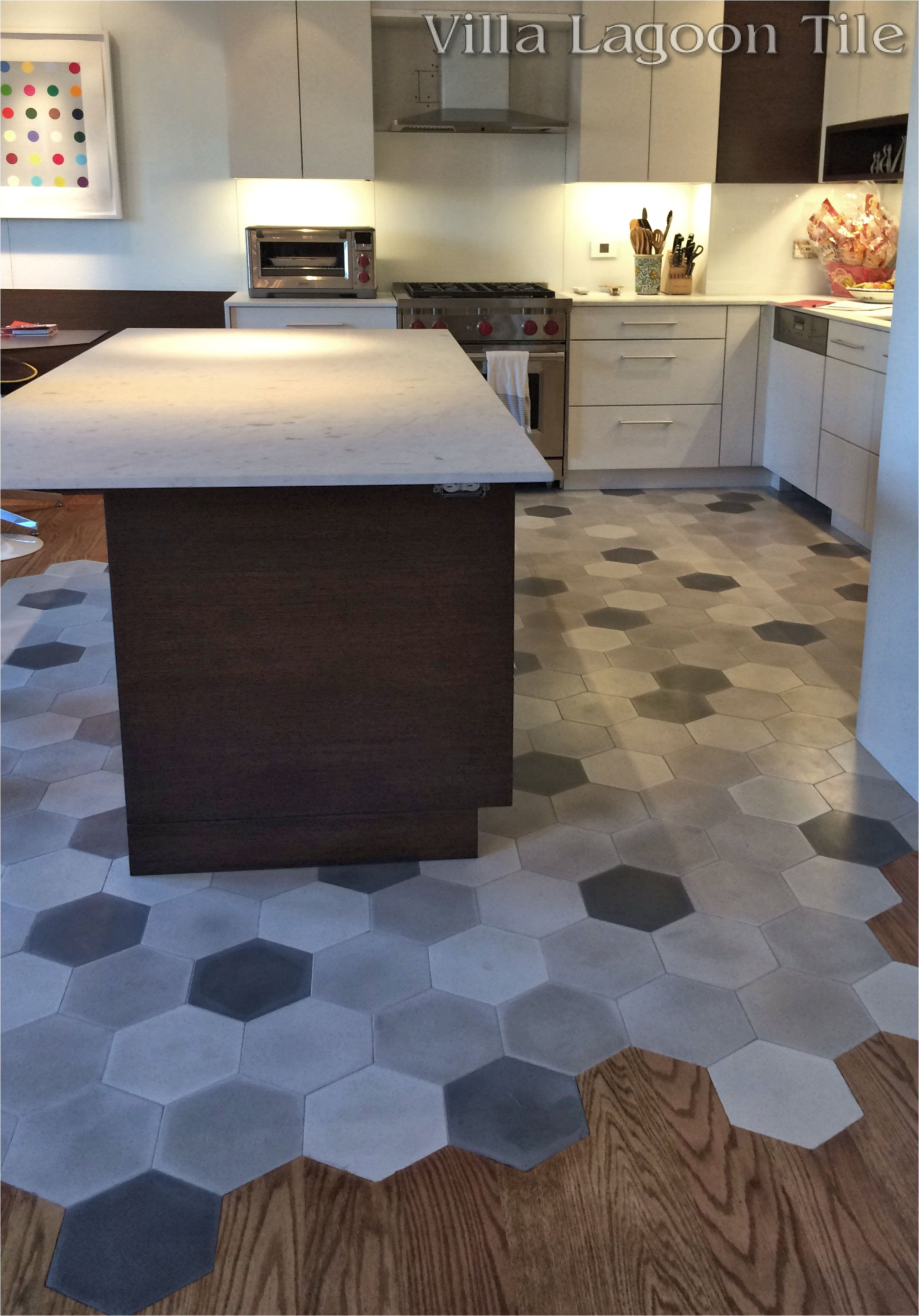 this beautiful new york city installation flows hardwood floors into our mixed gray hex cement tile
