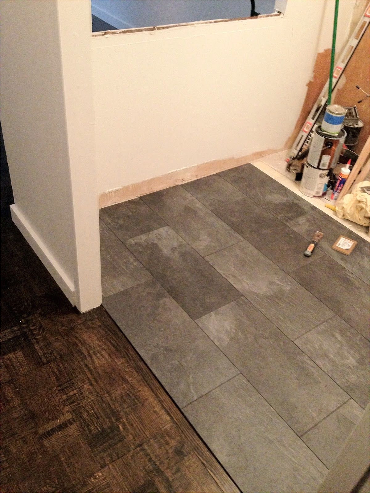 the kitchen floor looks like slate but its really a pergo textured laminate floor my goal was to avoid using a tile guy and take full a