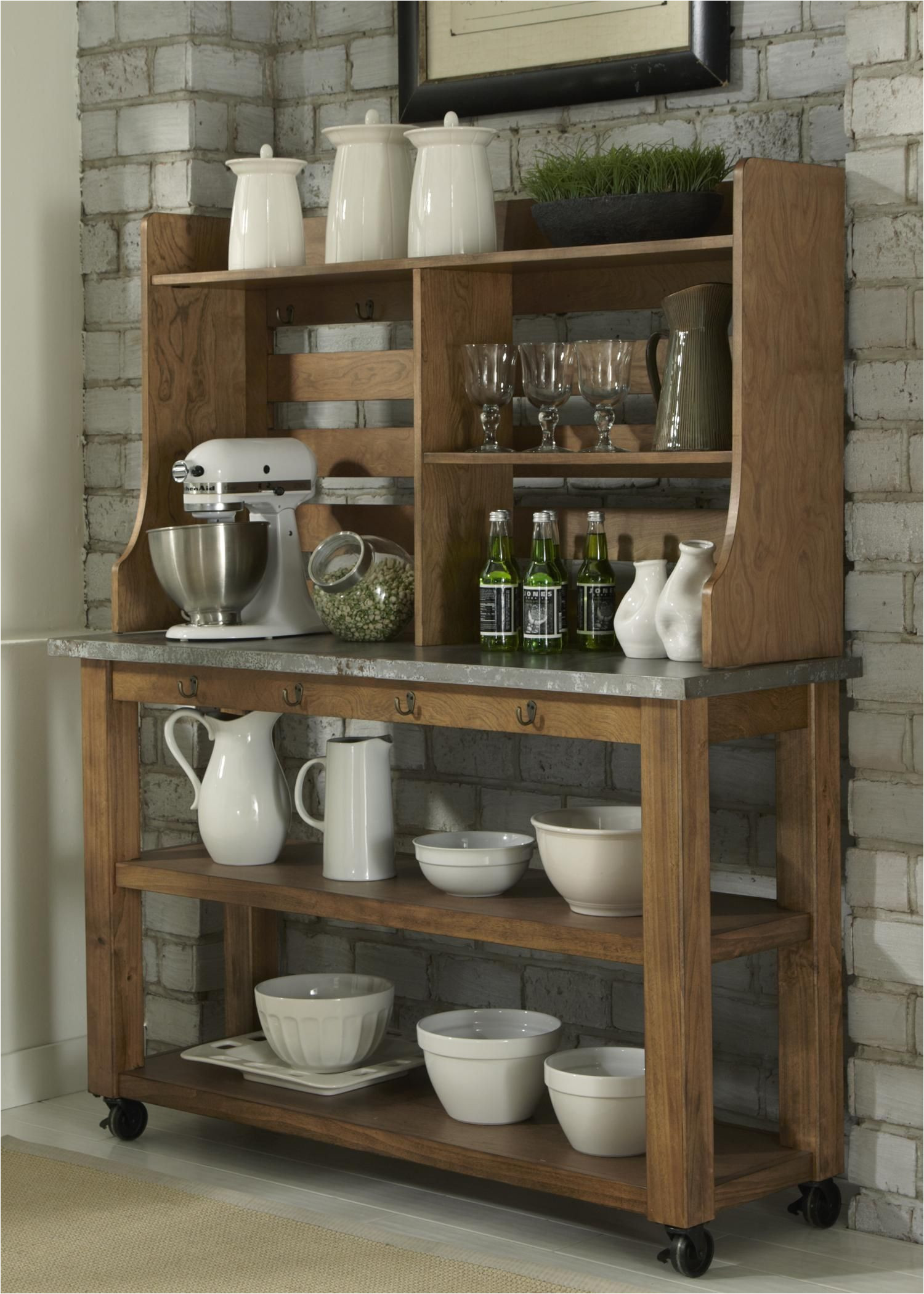 wooden baker rack furniture for kitchen stuffs grey wall and warm carpet