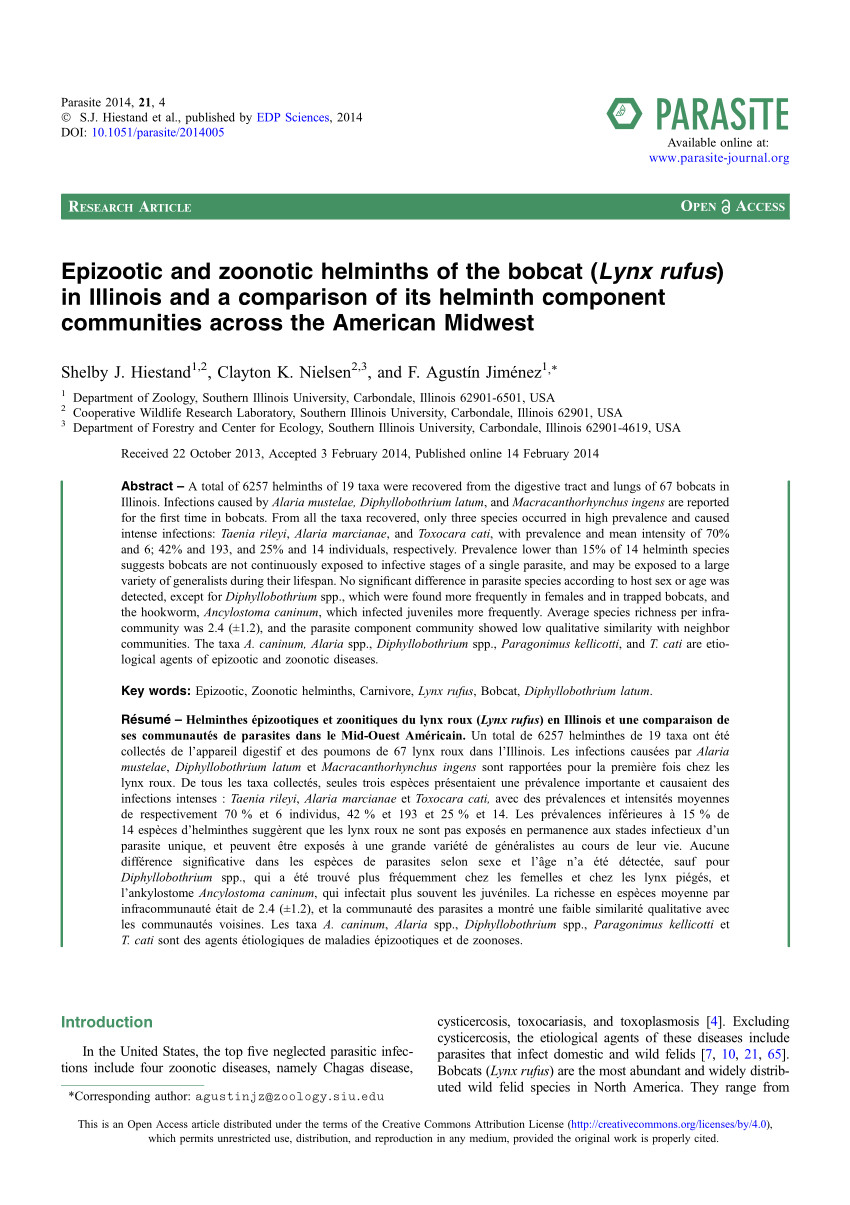 pdf epizootic and zoonotic helminths of the bobcat lynx rufus in illinois and a comparison of its helminth component communities across the american