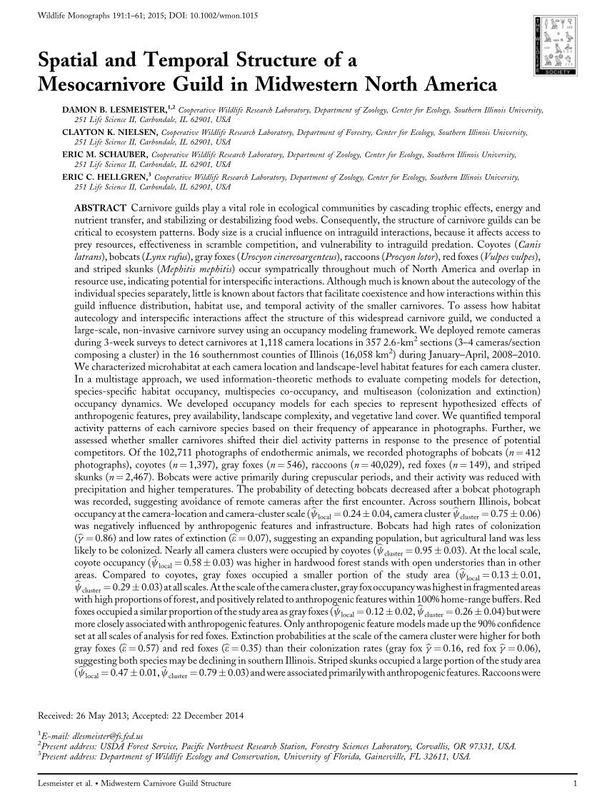 pdf spatial and temporal structure of a mesocarnivore guild in midwestern north america