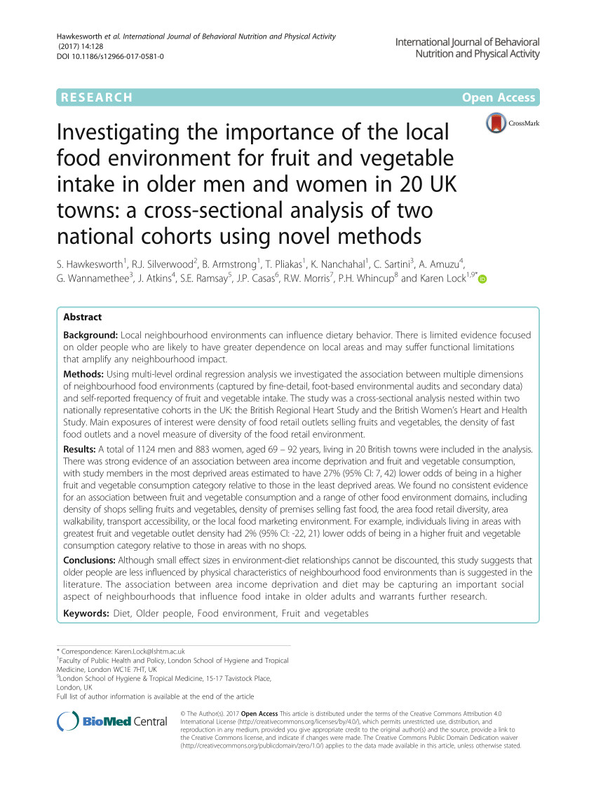 pdf investigating the importance of the local food environment for fruit and vegetable intake in older men and women in 20 uk towns a cross sectional