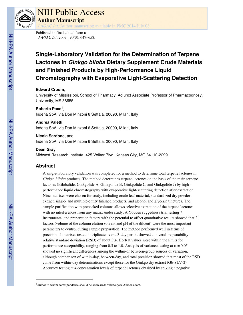 pdf single laboratory validation for the determination of terpene lactones in ginkgo biloba dietary supplement crude materials and finished products by