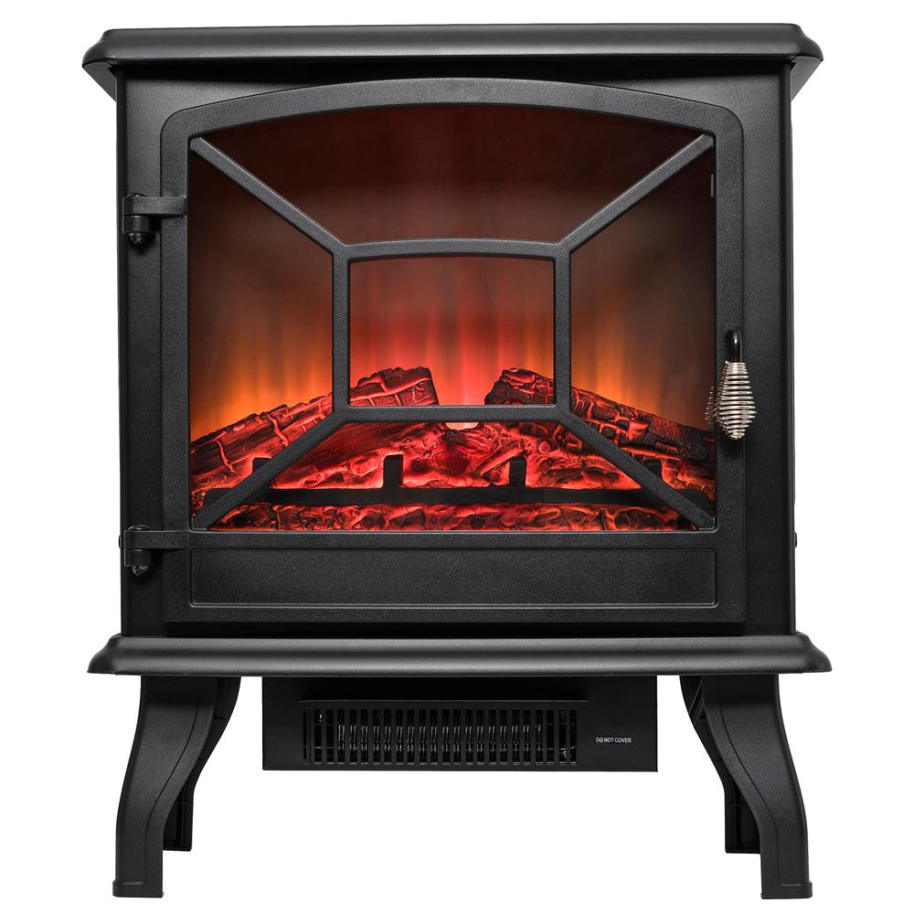 freestanding electric fireplace mantel heater in black with tempered