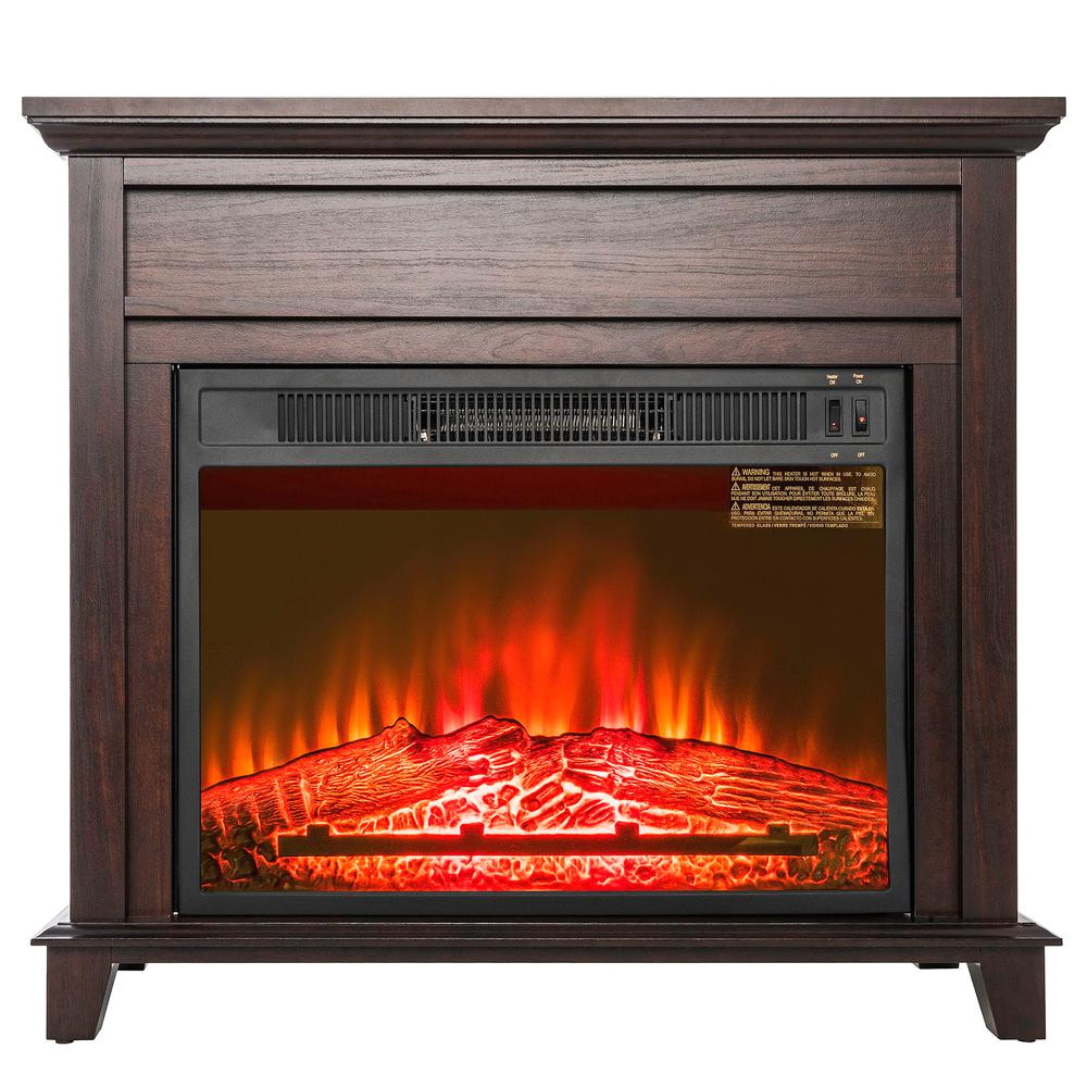 freestanding electric fireplace heater in black with tempered glass