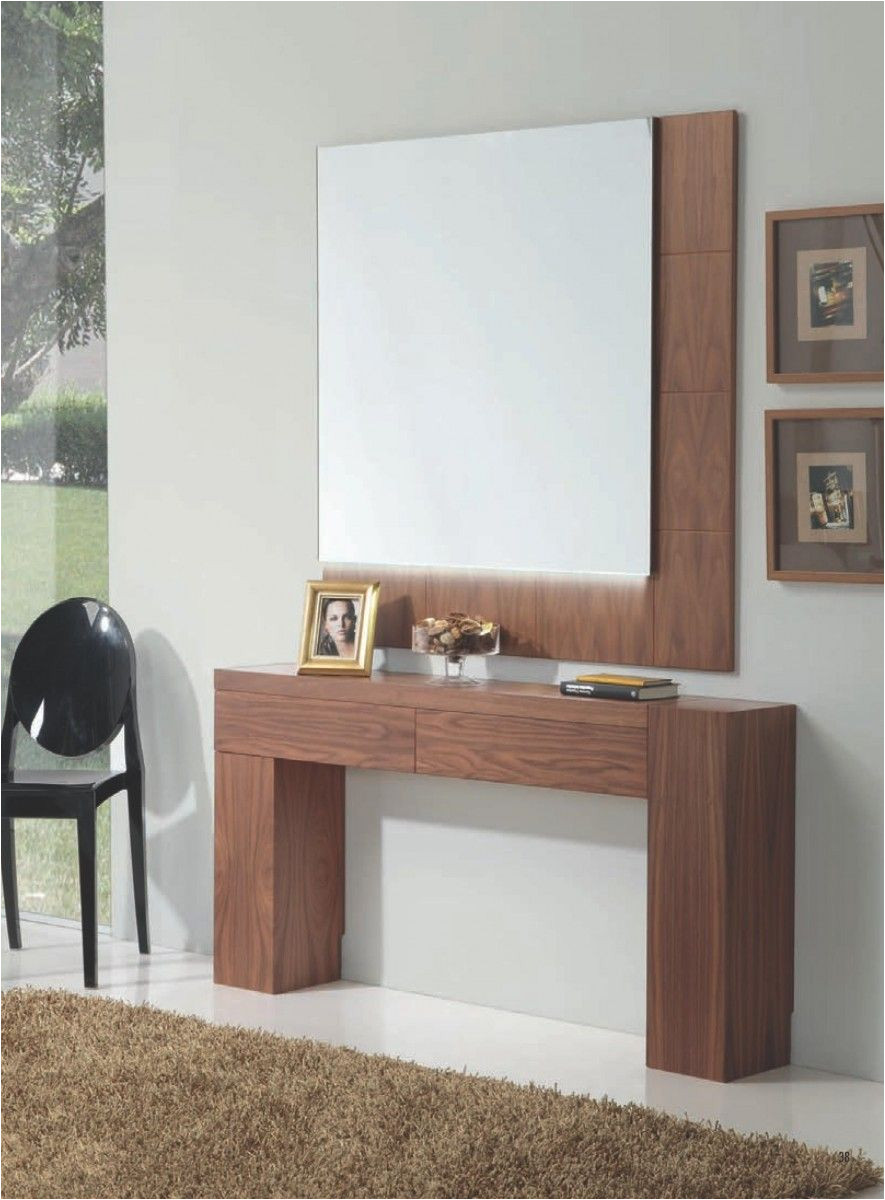 mueble recibidor moderno madera lacado leds con dos cajones con marco cuadrado en color nogal americano