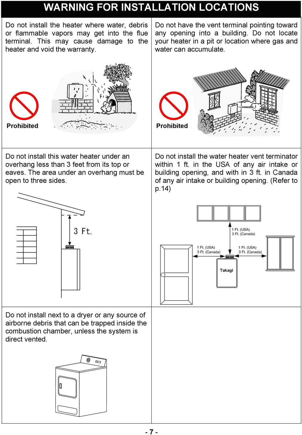 prohibited prohibited do not install this water heater under an overhang less than 3 feet from