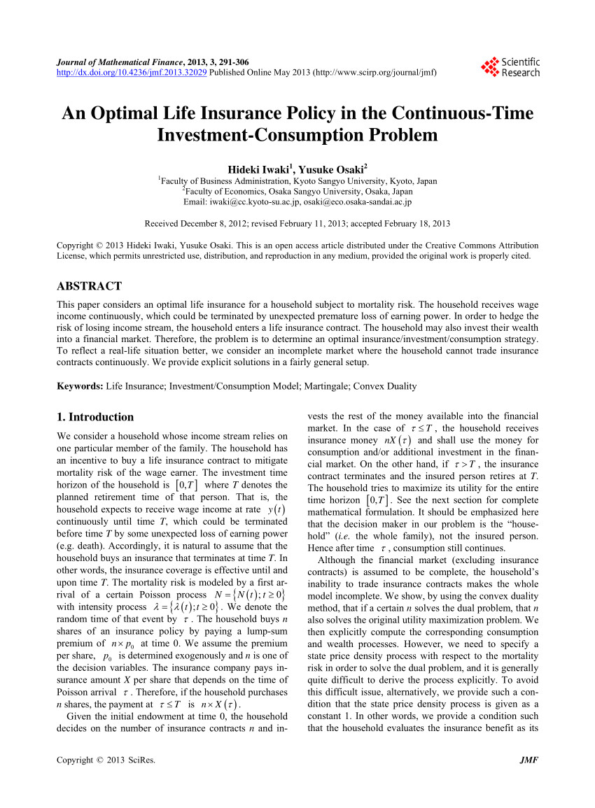 pdf an optimal life insurance policy in the continuous time investment consumption problem