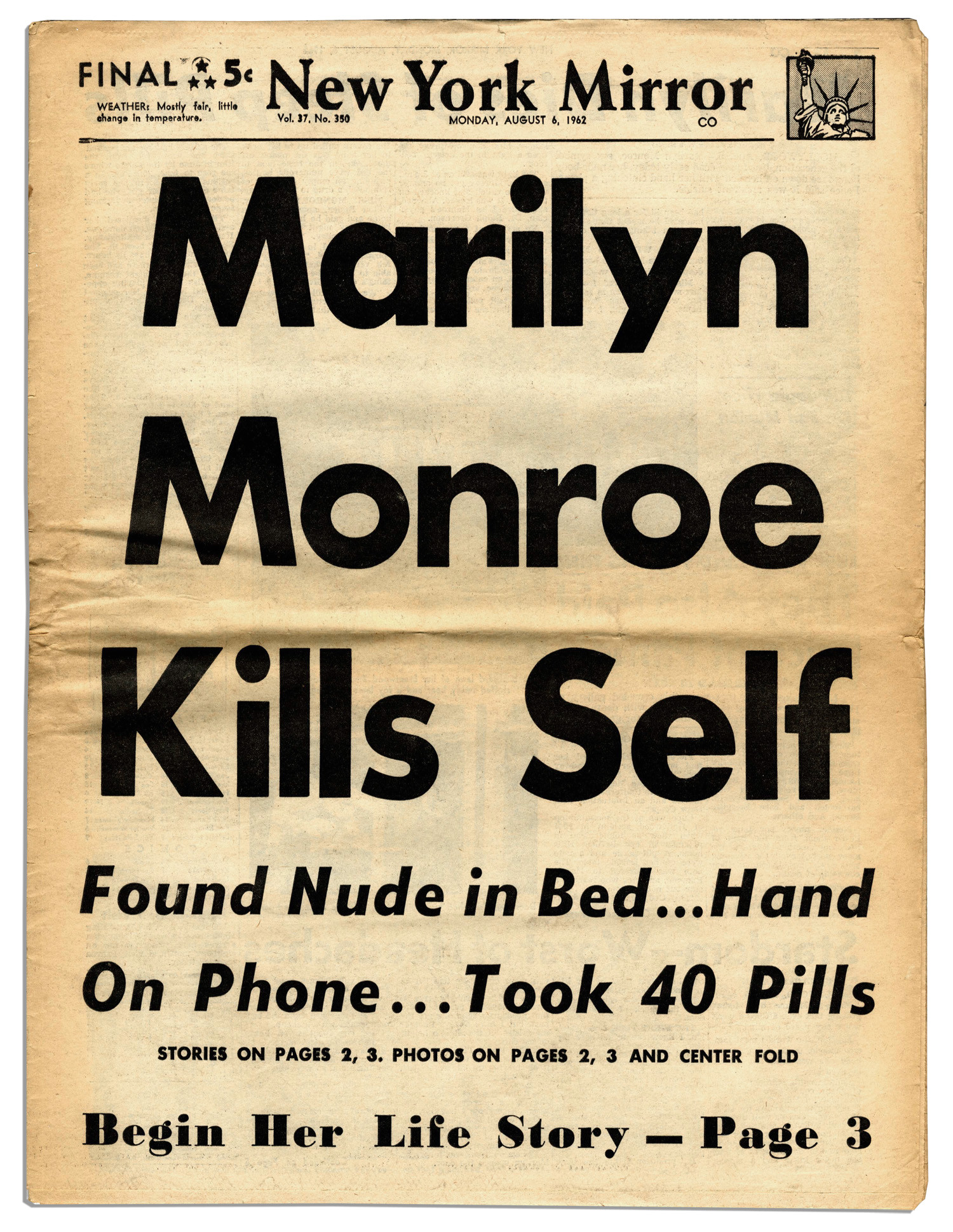 new york mirror front page of august 6 1962 jpeg