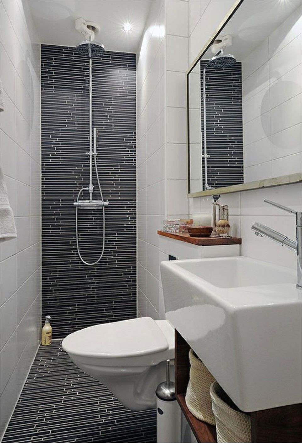 doorless shower ideas in cool small bathroom design with floating toilet feat wall hung sink and black floor