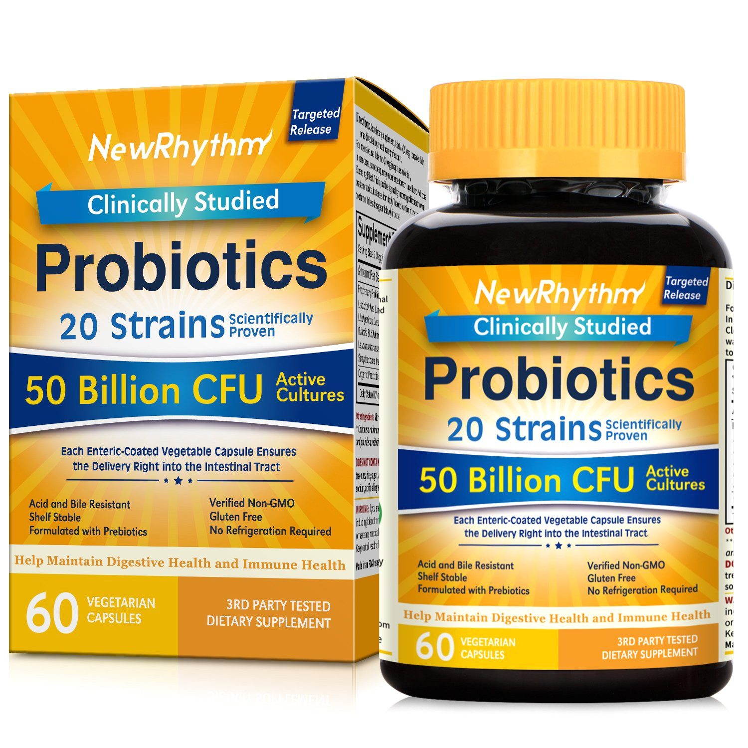 newrhythm probiotics 50 billion cfu 20 strains 60 veggie capsules targeted release technology