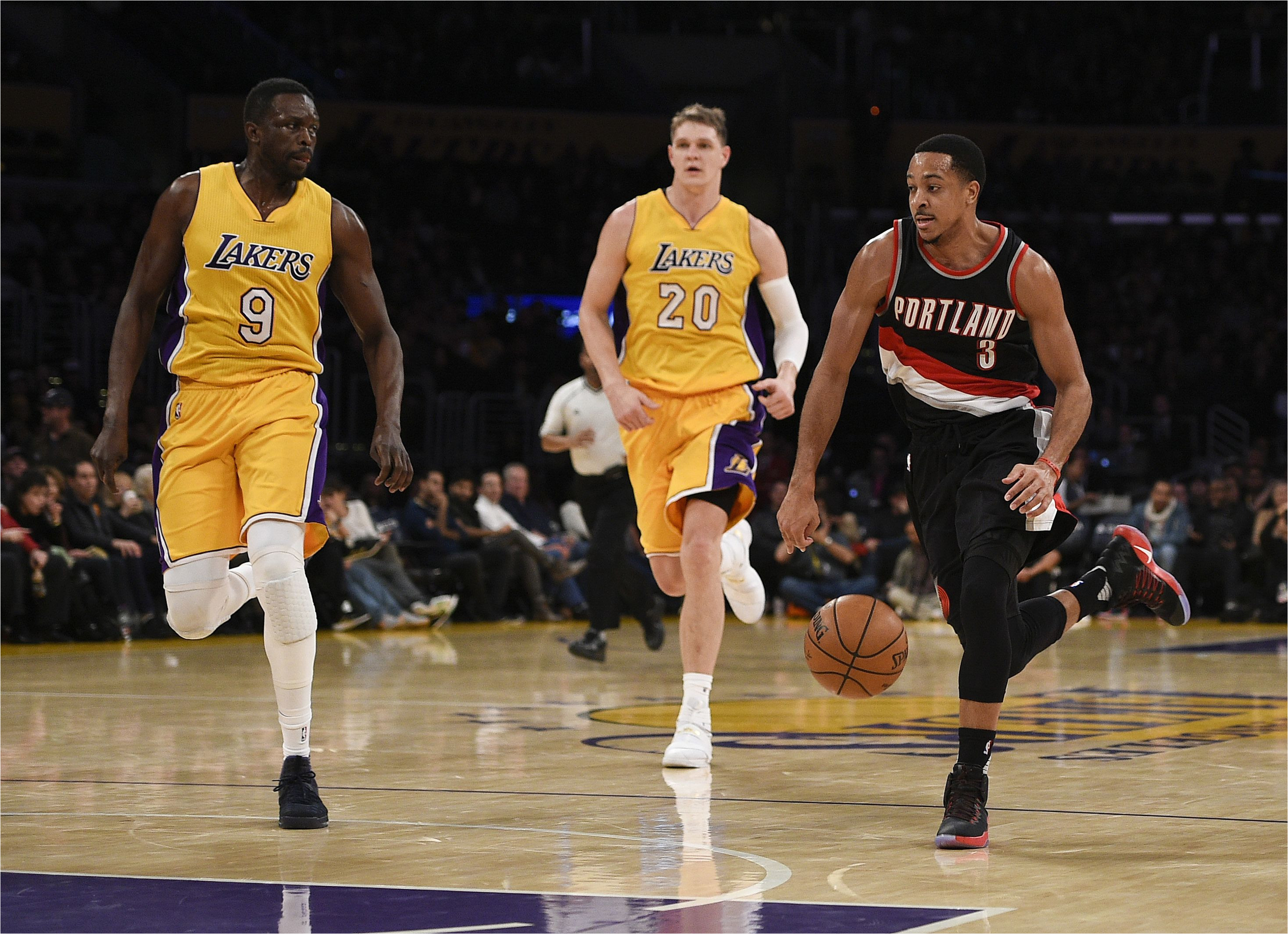 c j mccollum portland trail blazers luol deng timofey mozgo los angeles lakers