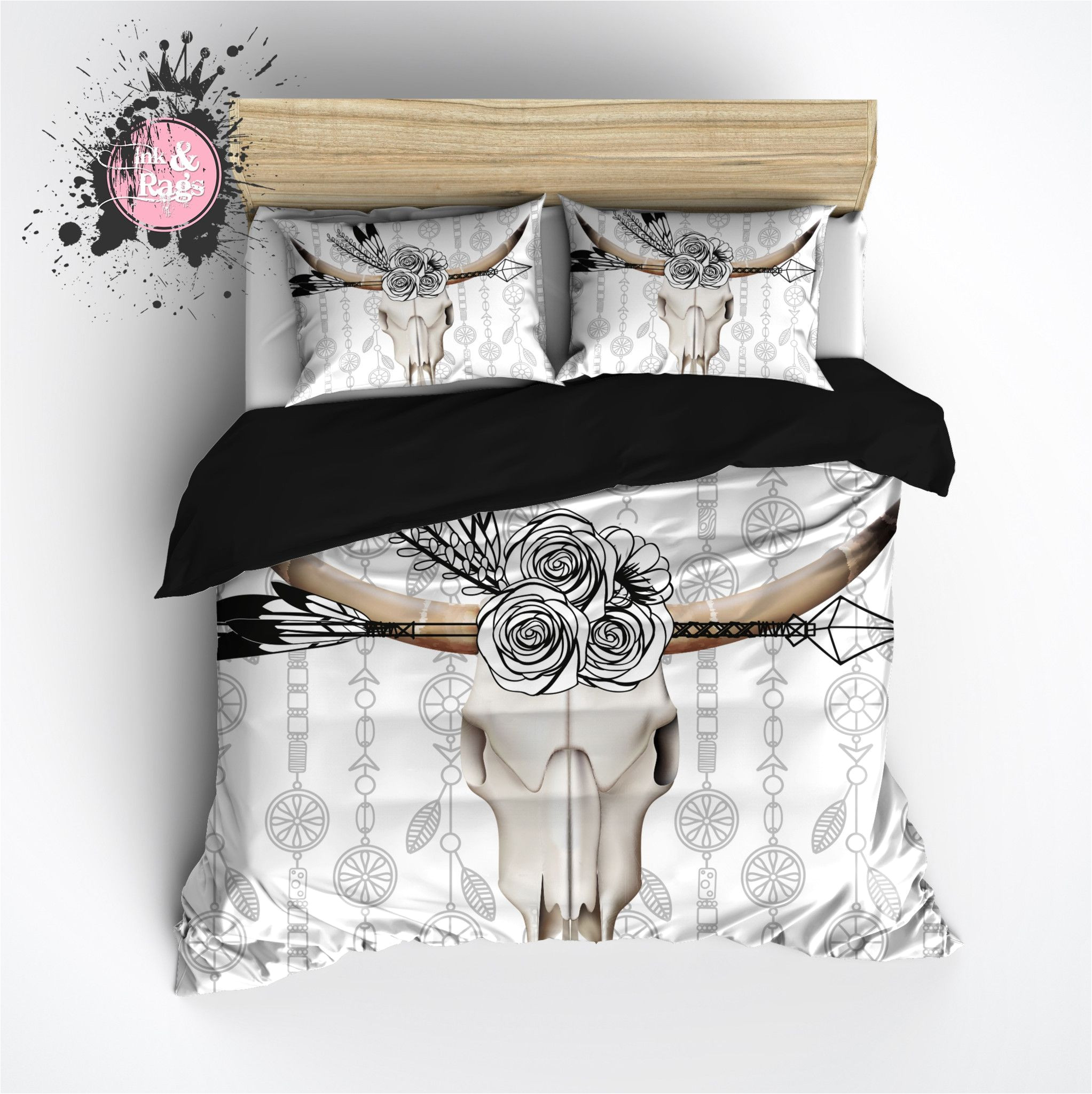 boho bull skull flower and feather duvet bedding sets