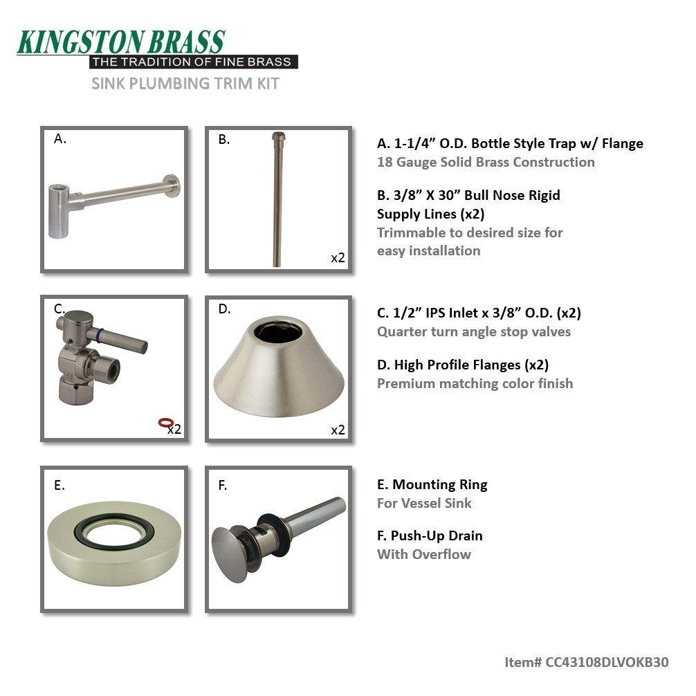 kingston brass cc43108dlvokb30 contemporary plumbing sink trim kit with bottle trap for vessel sink with overflow hole satin nickel amazon com