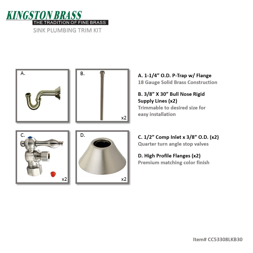 kingston brass cc53308lkb30 traditional plumbing sink trim kit with p trap for lavatory and kitchen satin nickel faucet trim kits amazon com