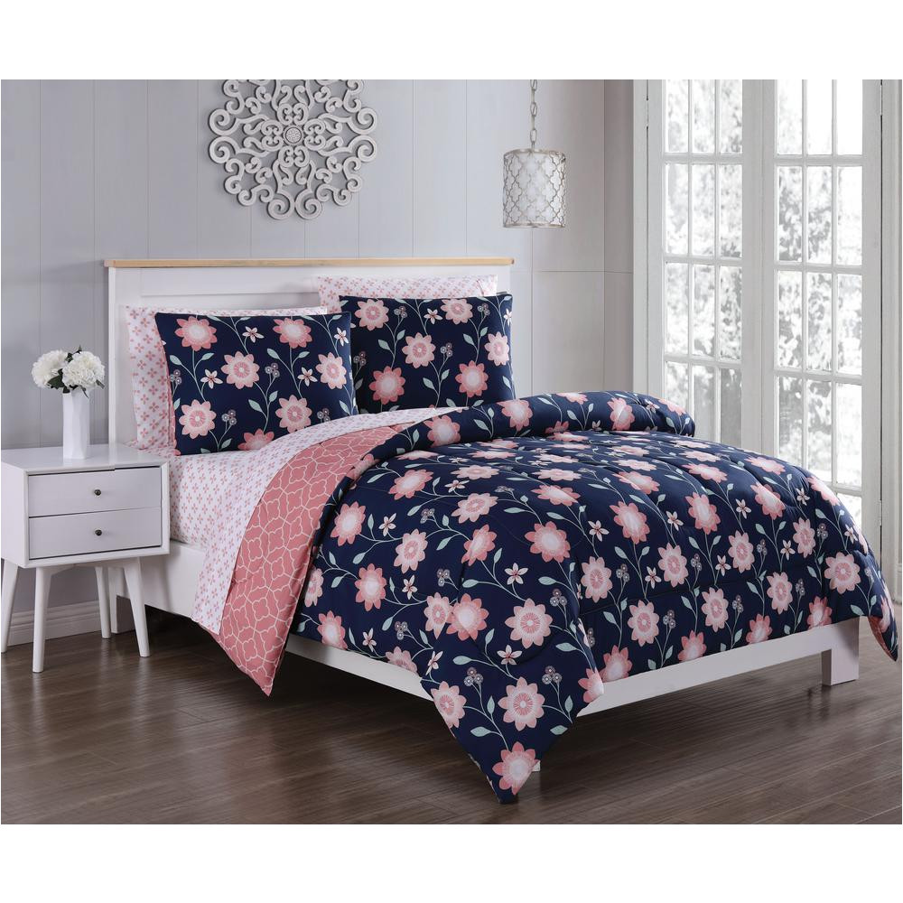 britt 5 piece navy coral twin bed in a bag