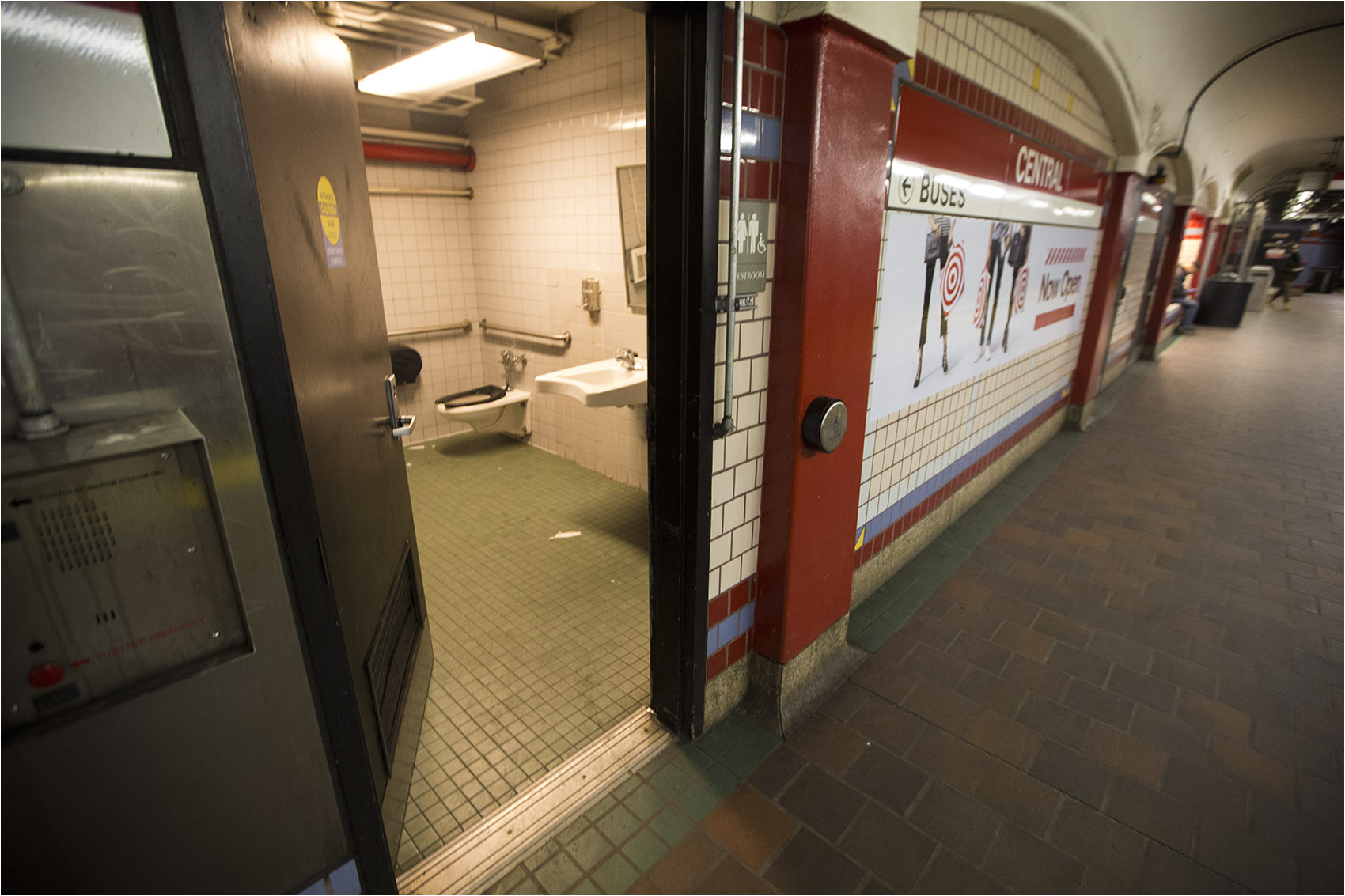 a public restroom on the platform of the central square mbta station which drug users have