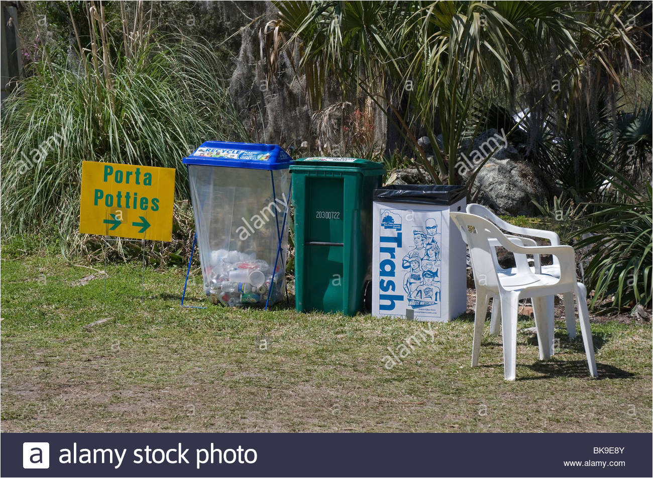 kanapaha spring garden festival gainesville florida trash and recycling bins porta potty sign stock image
