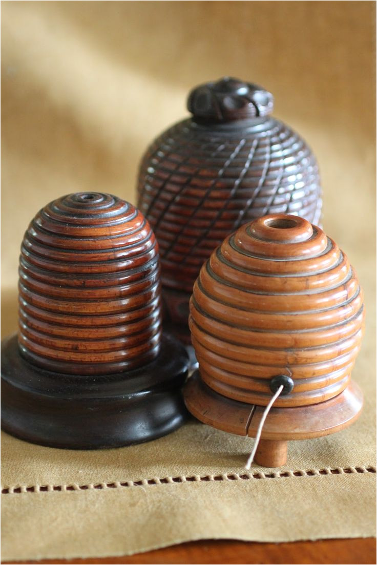 bee three little nineteenth century english turned wood bee skep form string holders