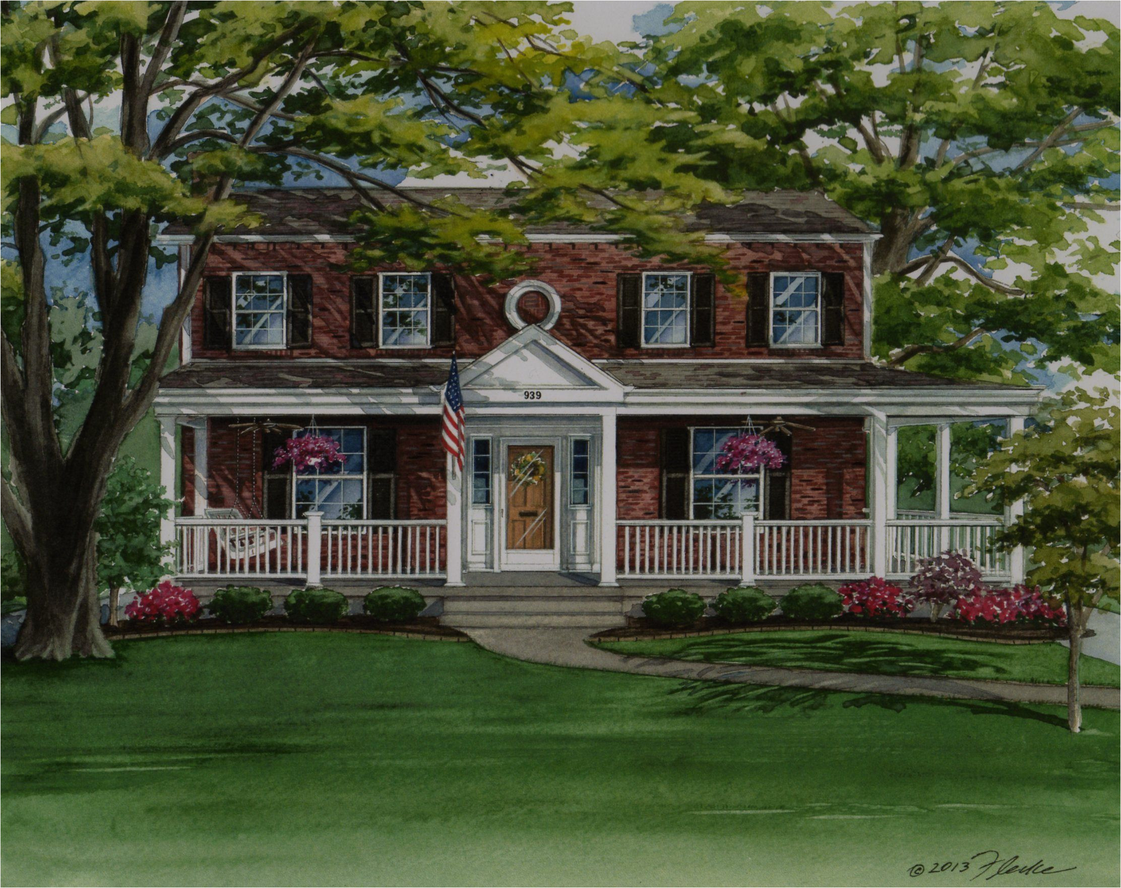 red brick two story house with front porch