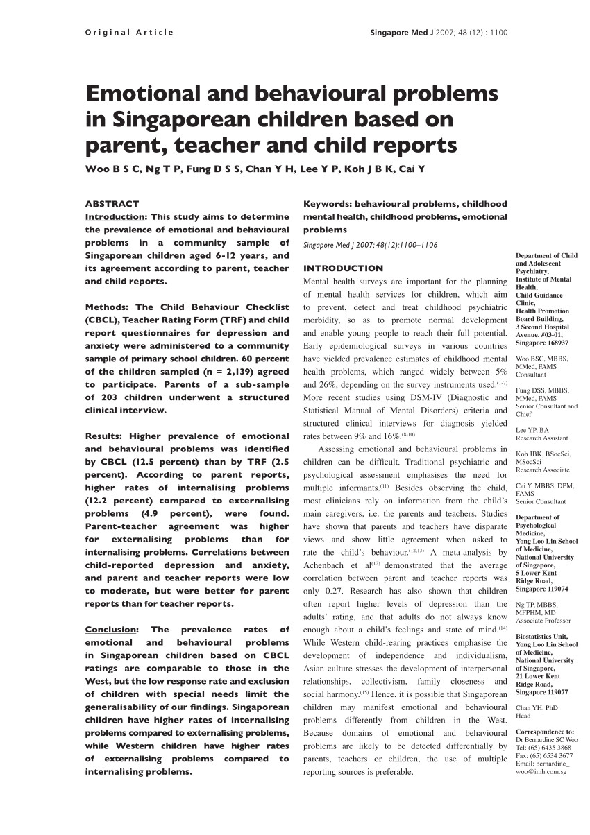 pdf emotional and behavioral problems in singaporean children based on parent teacher and child reports