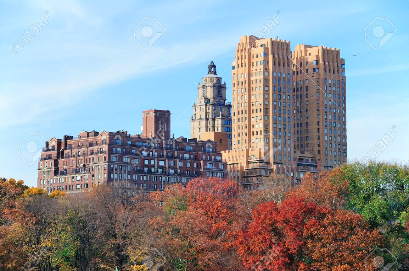 central park in new york city manhattan midtown in autumn with colorful foliage and historical buildings