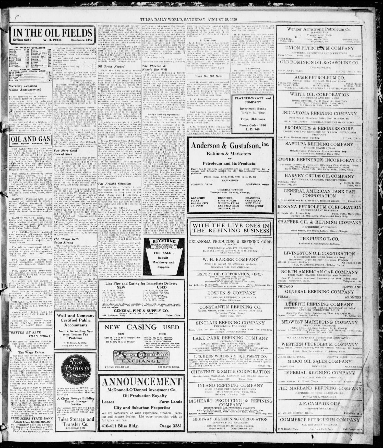 the morning tulsa daily world tulsa okla vol 14 no 335 ed 1 saturday august 28 1920 page 13 of 18 the gateway to oklahoma history