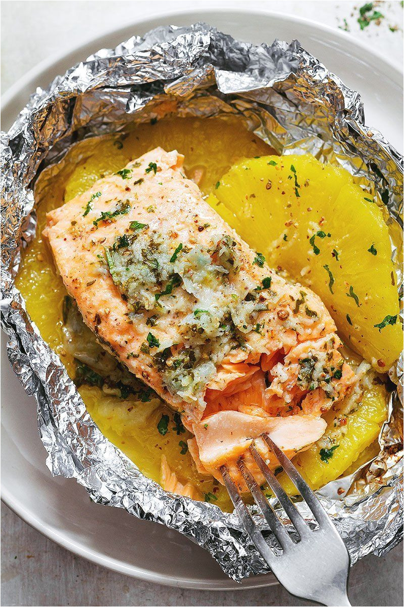 lemon garlic butter salmon in foil with pineapple