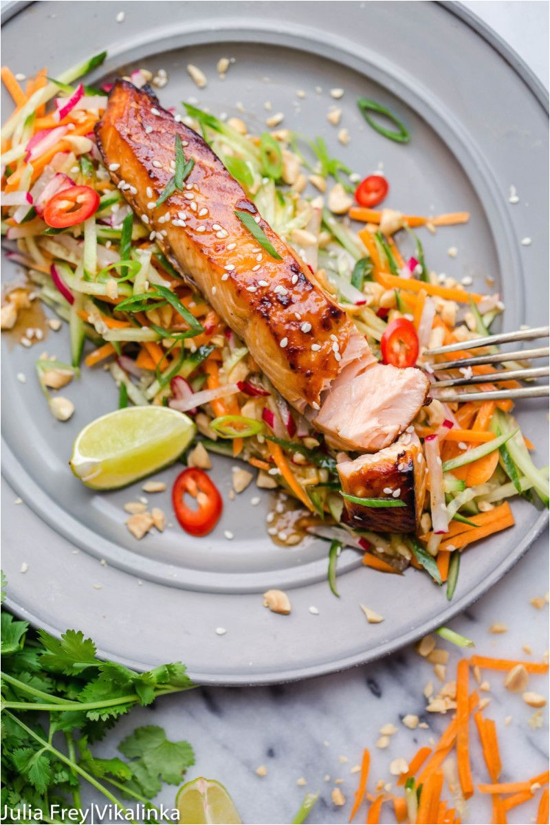 asian style salmon with carrot and cucumber slaw in peanut dressing by vikalinka salmon