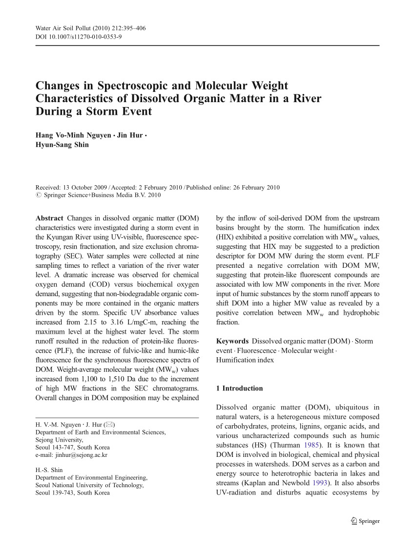 pdf changes in spectroscopic and molecular weight characteristics of dissolved organic matter in a river during a storm event