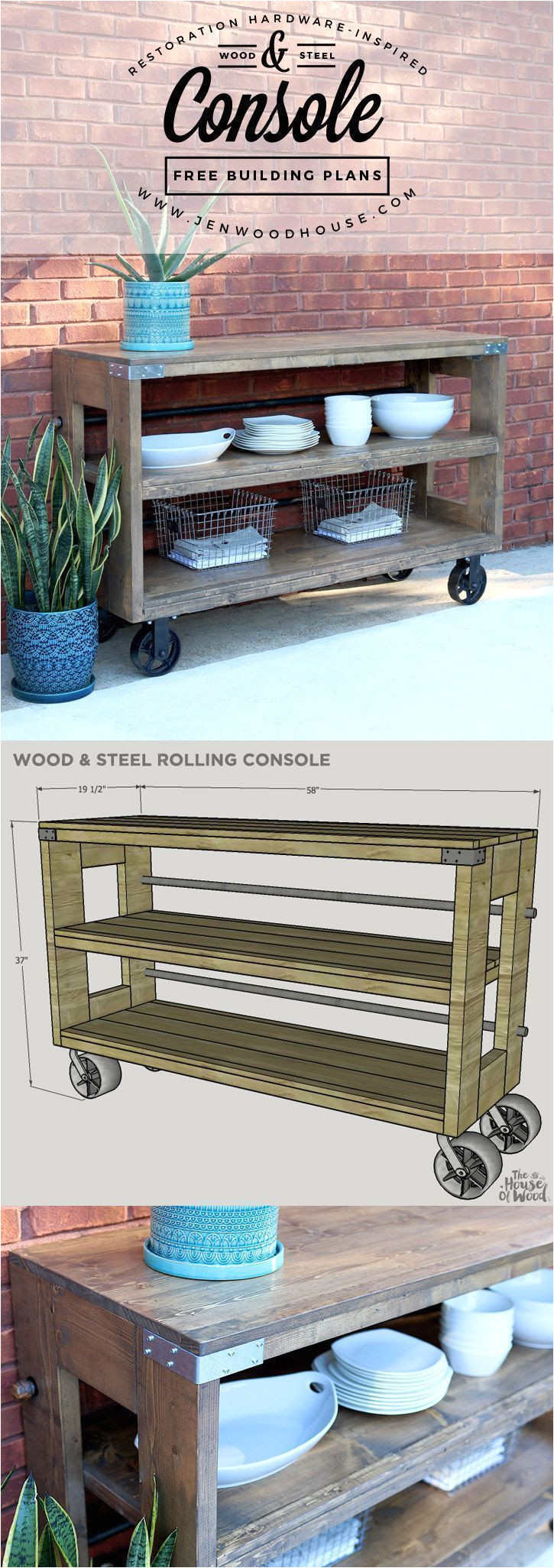 how to build a diy restoration hardware inspired wood and steel console via jen woodhouse