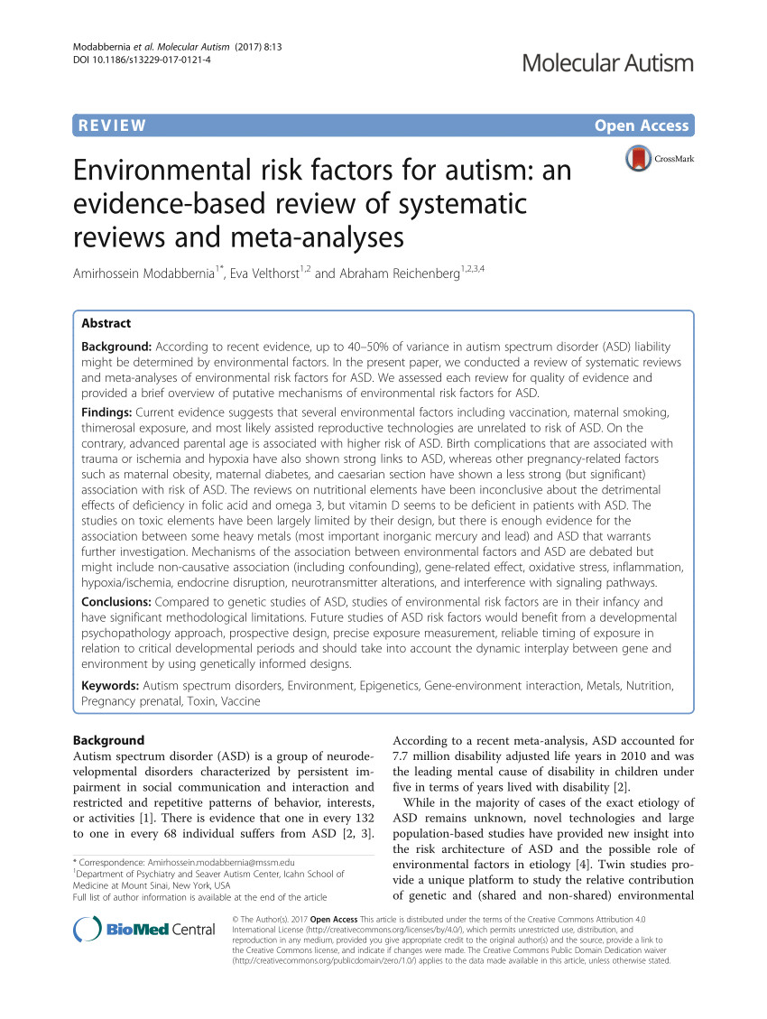 pdf environmental risk factors for autism an evidence based review of systematic reviews and meta analyses