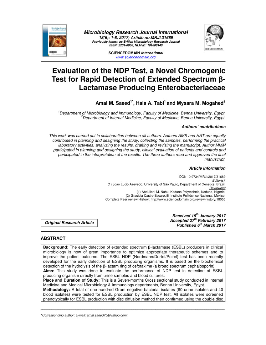 pdf evaluation of the ndp test a novel chromogenic test for rapid detection of extended spectrum i lactamase producing enterobacteriaceae