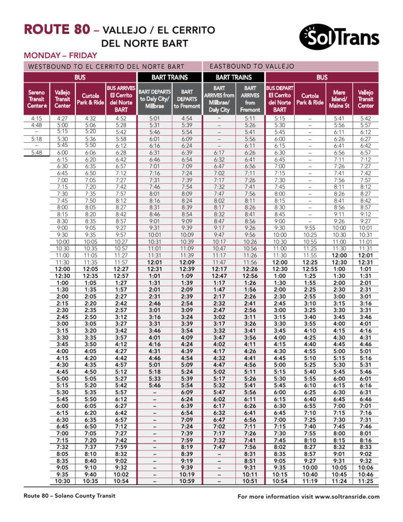 Sacramento Regional Transit Bus 55 Schedule Route 80 Vallejo El Cerrito Del norte Bart