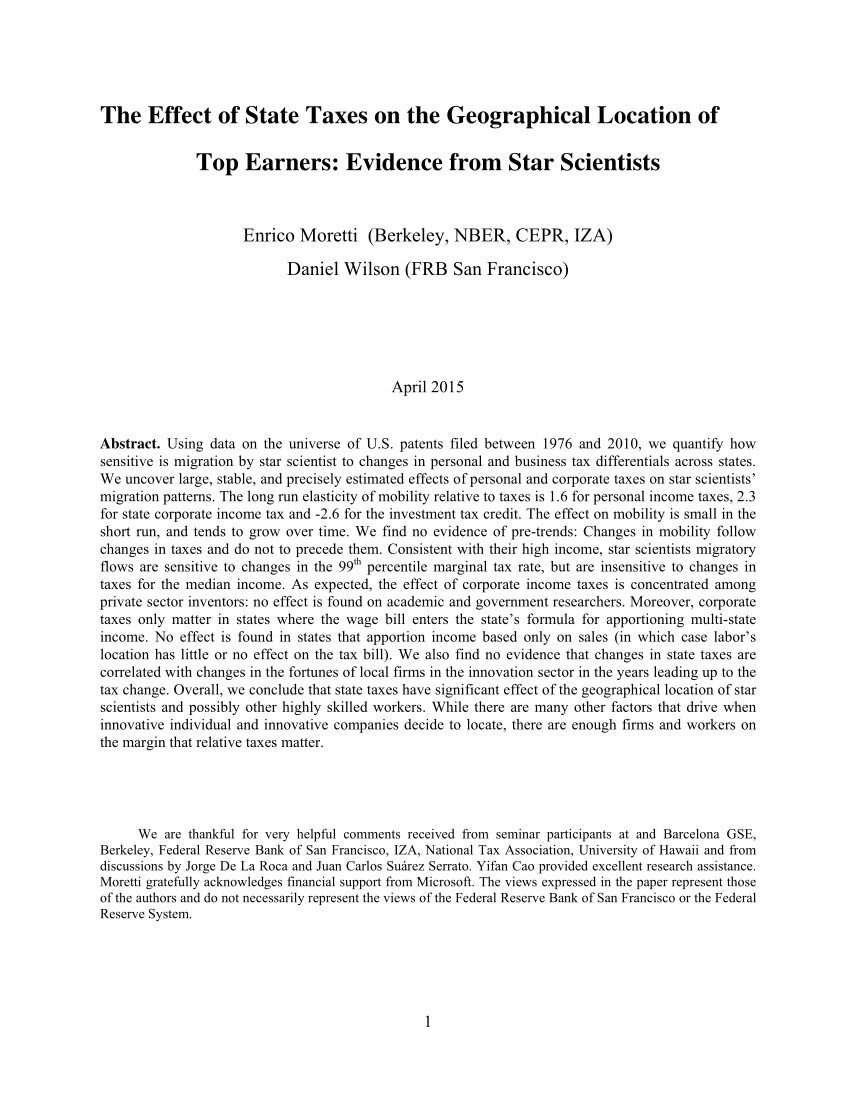 pdf the effect of state taxes on the geographical location of top earners evidence from star scientists