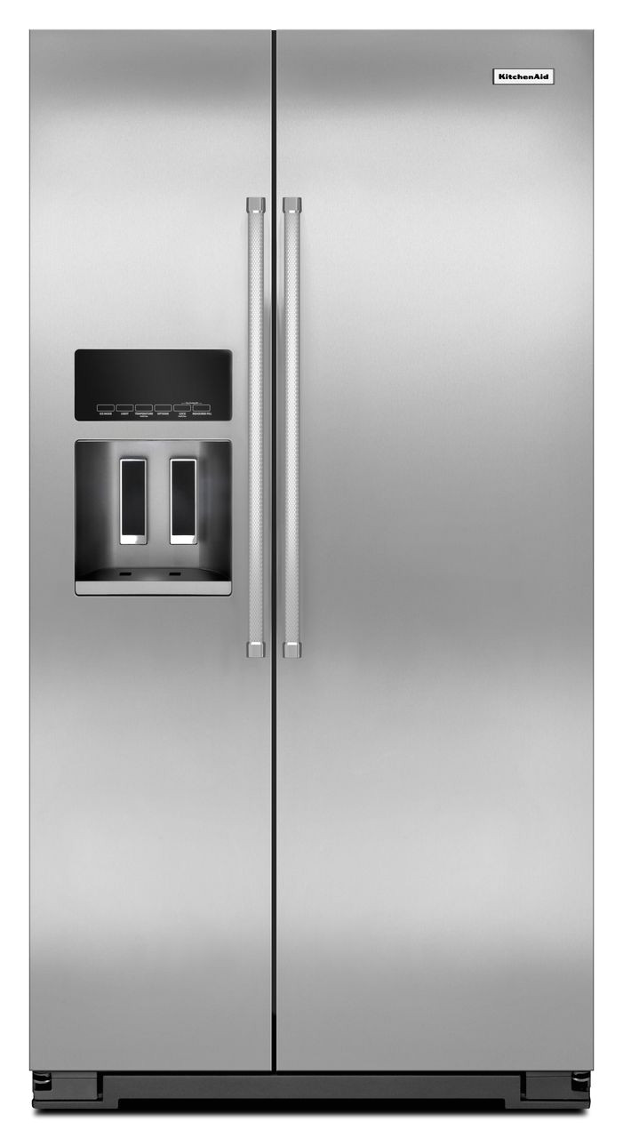 monochromatic stainless steel 22 7 cu ft counter depth side by side refrigerator with exterior ice and water krsc503ess kitchenaid
