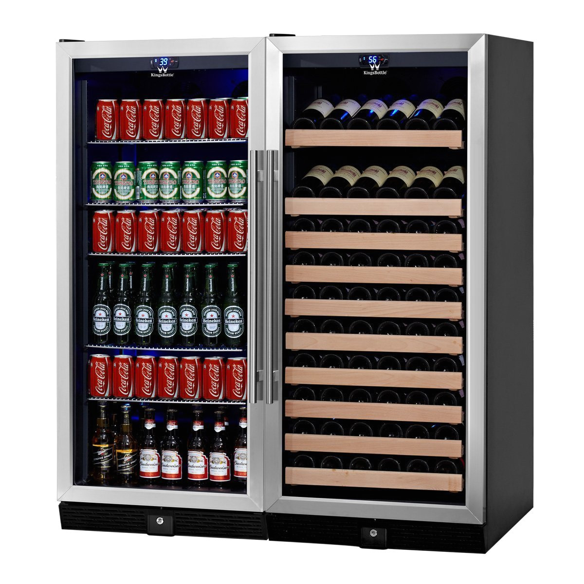 amazon com kingsbottle 2 zone large wine beverage fridge 397 pounds combo fridge holds 300 beer cans 98 wine or beverage bottles