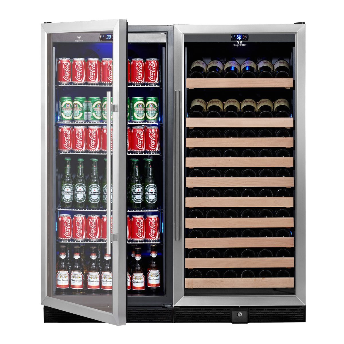 amazon com kingsbottle 2 zone large wine beverage fridge 397 pounds combo fridge holds 300 beer cans 98 wine or beverage bottles