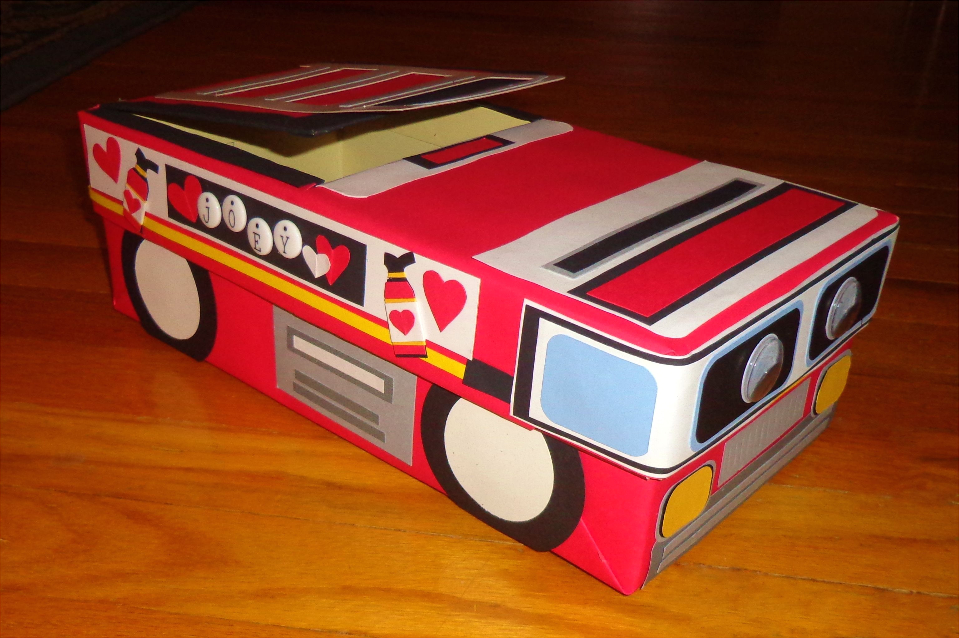 fire truck themed valentine s day card box made with a shoe box craft paper lots of elmers glue