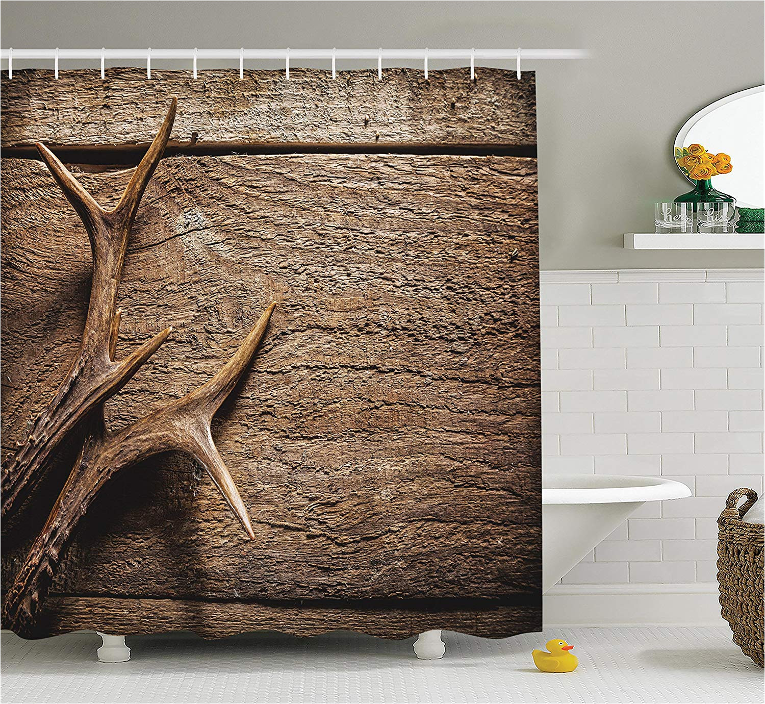 amazon com ambesonne antlers decor shower curtain set deer antlers on wood table rustic texture surface hunting season decorating bathroom accessories