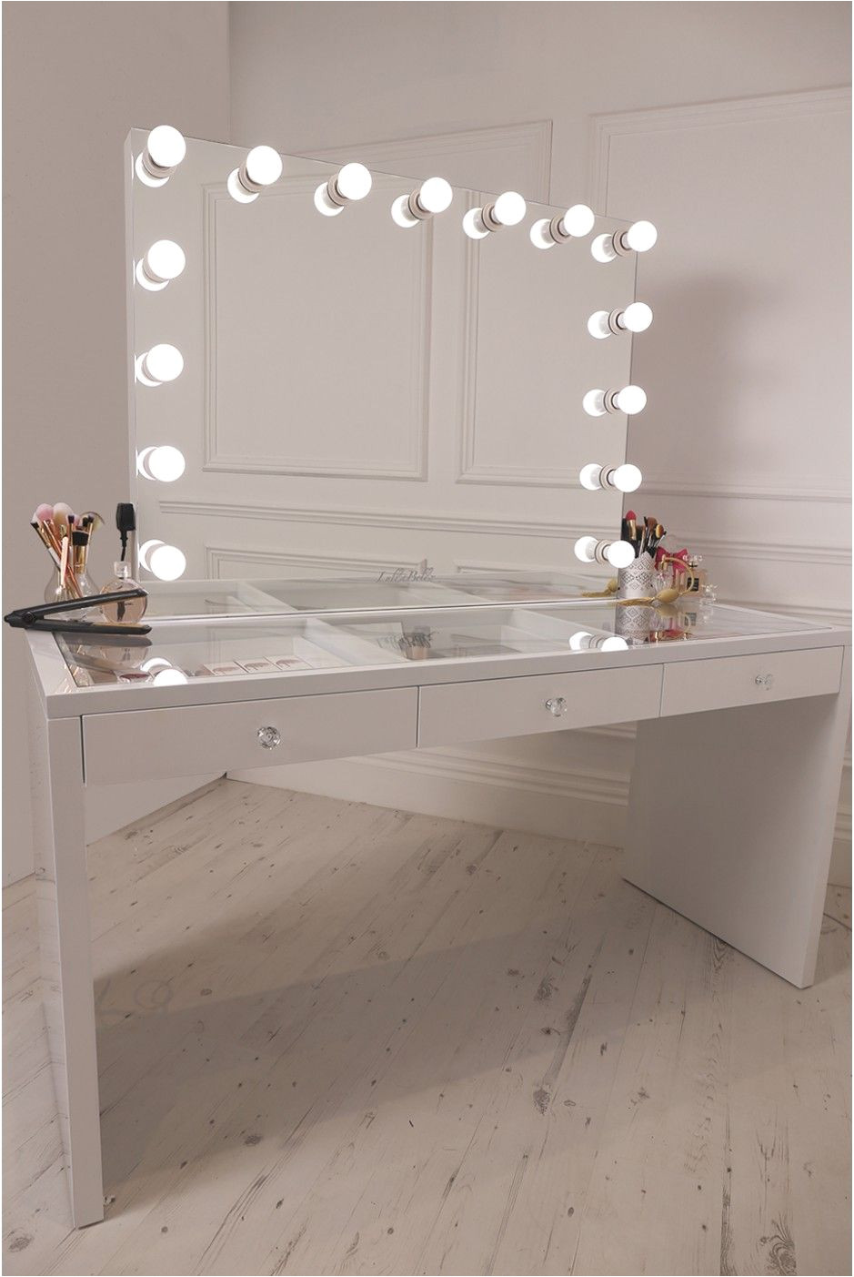 crisp white finish slaystation make up vanity with premium storage three spacious drawers encrusted with