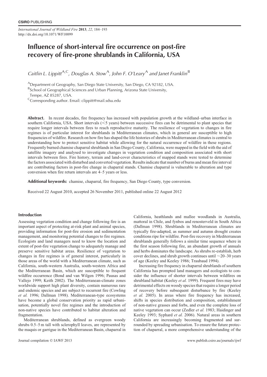 pdf influence of short interval fire occurrence on post fire recovery of fire prone shrublands in california usa