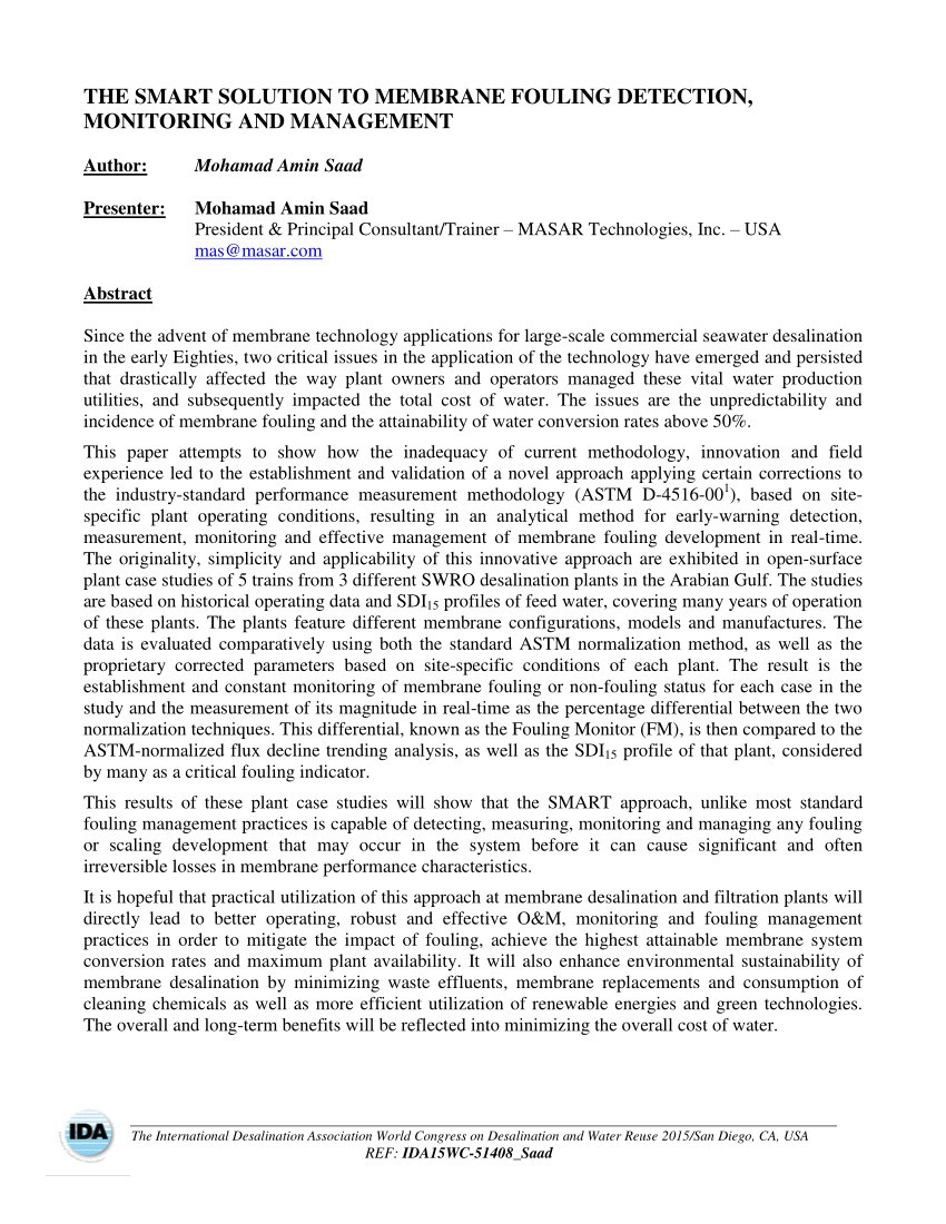 pdf the smart solution to membrane fouling detection monitoring and management