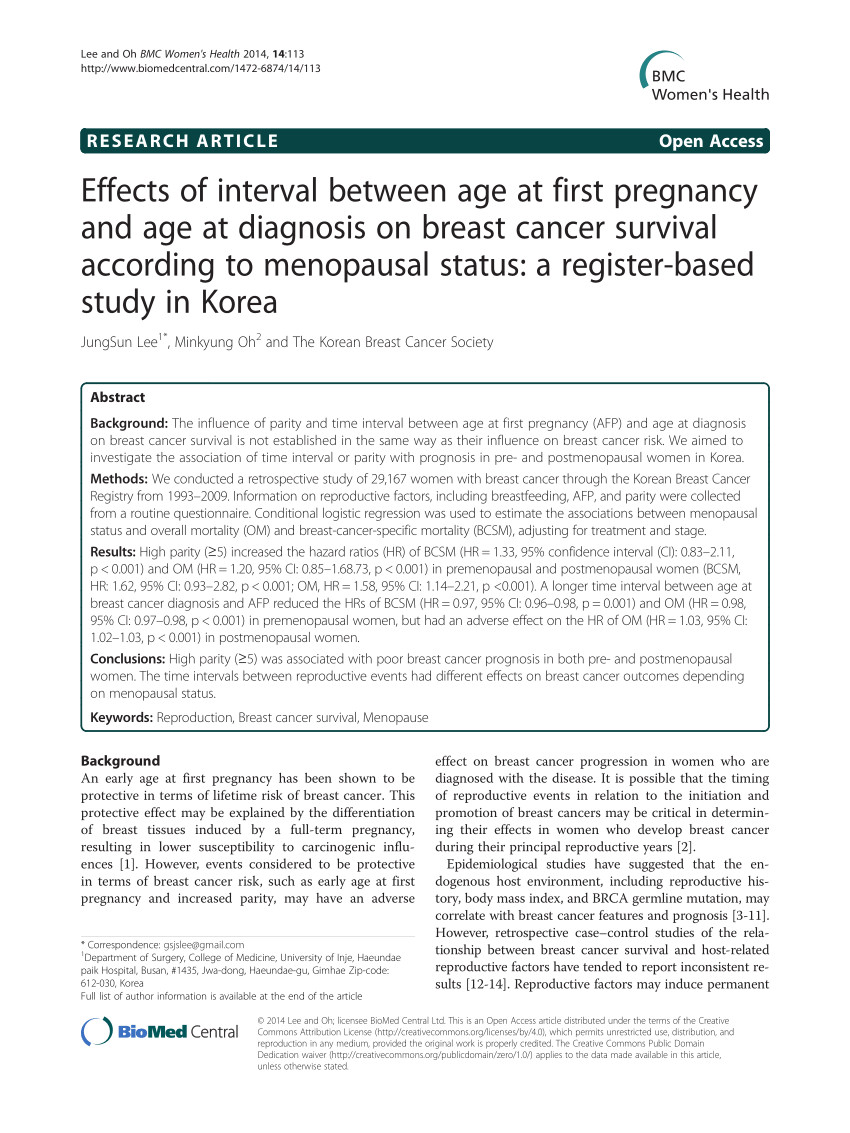 interval between age at first pregnancy and age at diagnosis on breast cancer survival according to menopausal status a register based study in korea