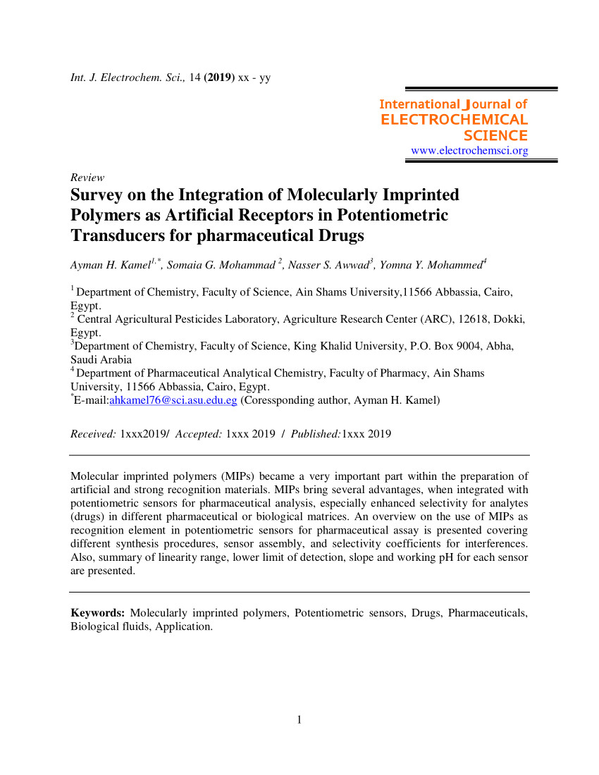 pdf survey on the integration of molecularly imprinted polymers as artificial receptors in potentiometric transducers for pharmaceutical drugs