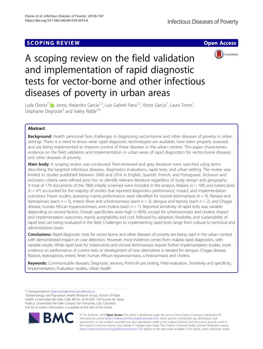 pdf a scoping review on the field validation and implementation of rapid diagnostic tests for vector borne and other infectious diseases of poverty in