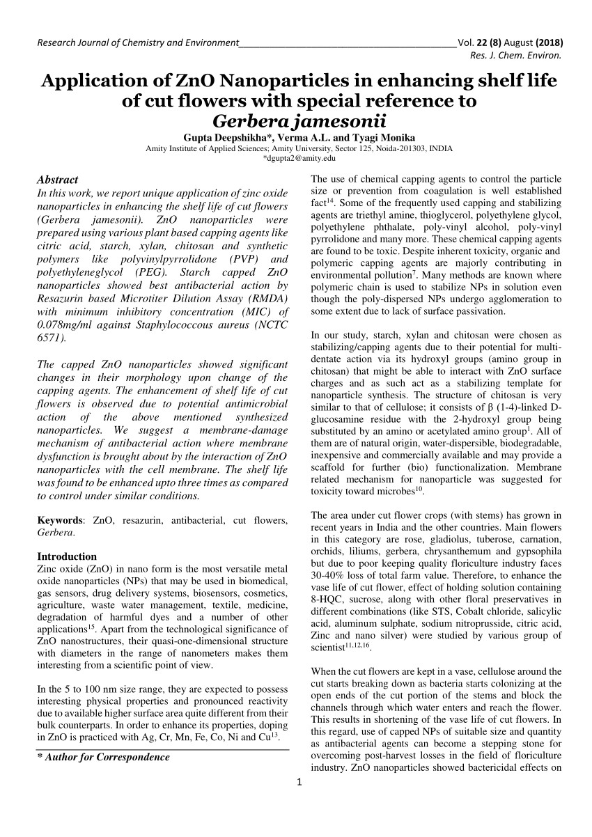 pdf application of zno nanoparticles in enhancing shelf life of cut flowers with special reference to gerbera jamesonii