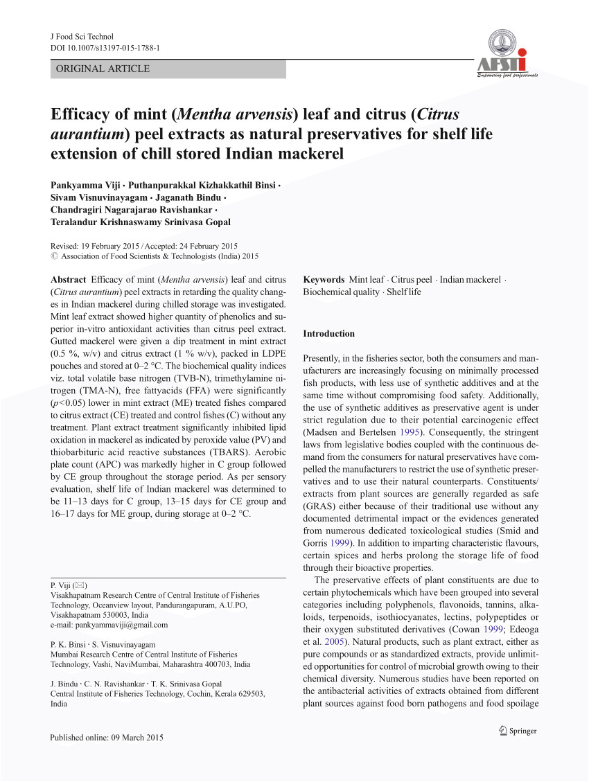 pdf efficacy of mint mentha arvensis leaf and citrus citrus aurantium peel extracts as natural preservatives for shelf life extension of chill stored