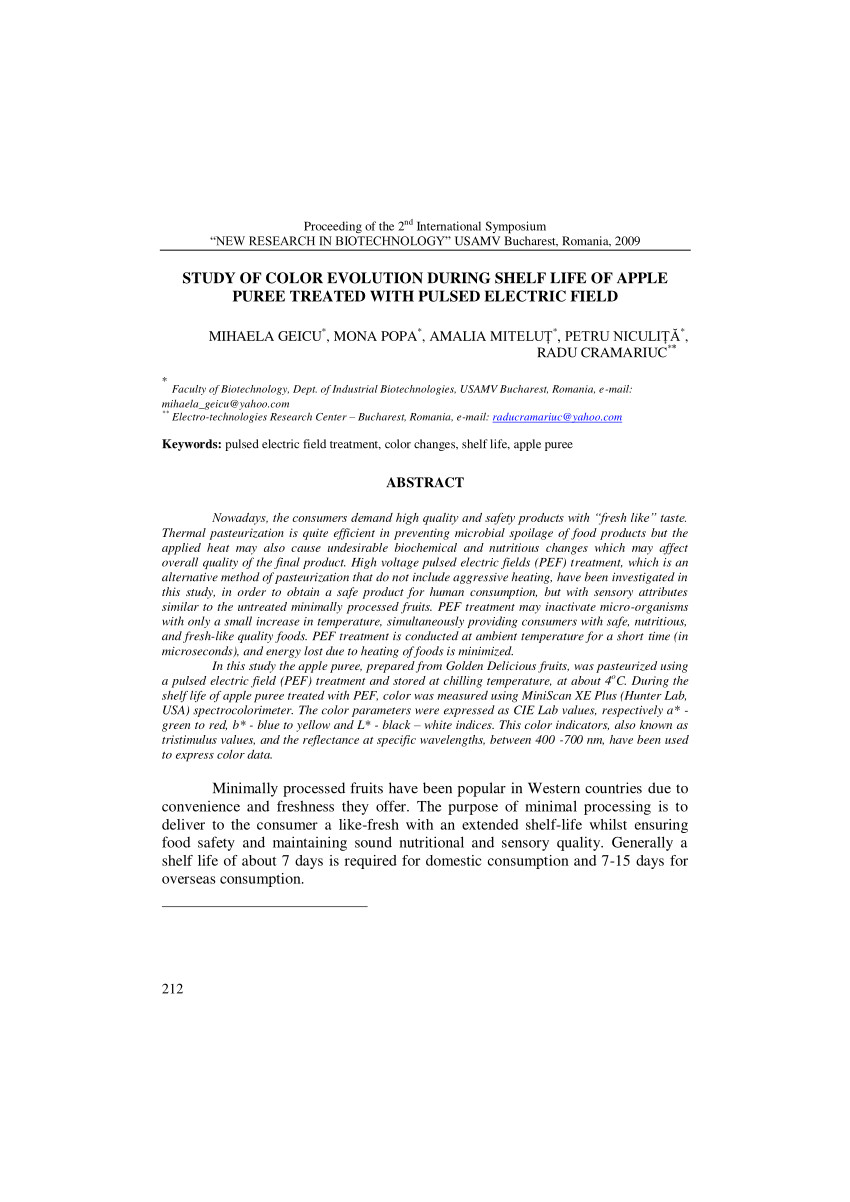 pdf study of color evolution during shelf life of apple puree treated with pulsed electric field