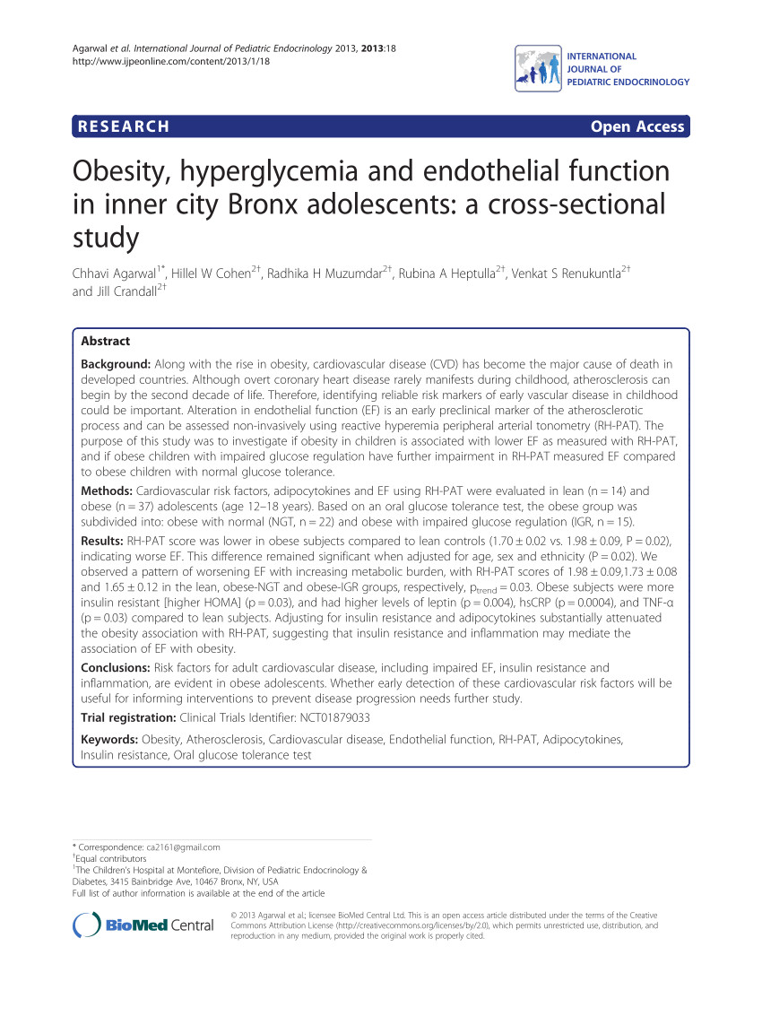 pdf obesity hyperglycemia and endothelial function in inner city bronx adolescents a cross sectional study